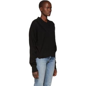 Helmut Lang Black Distressed Double Layer V-Neck Sweater